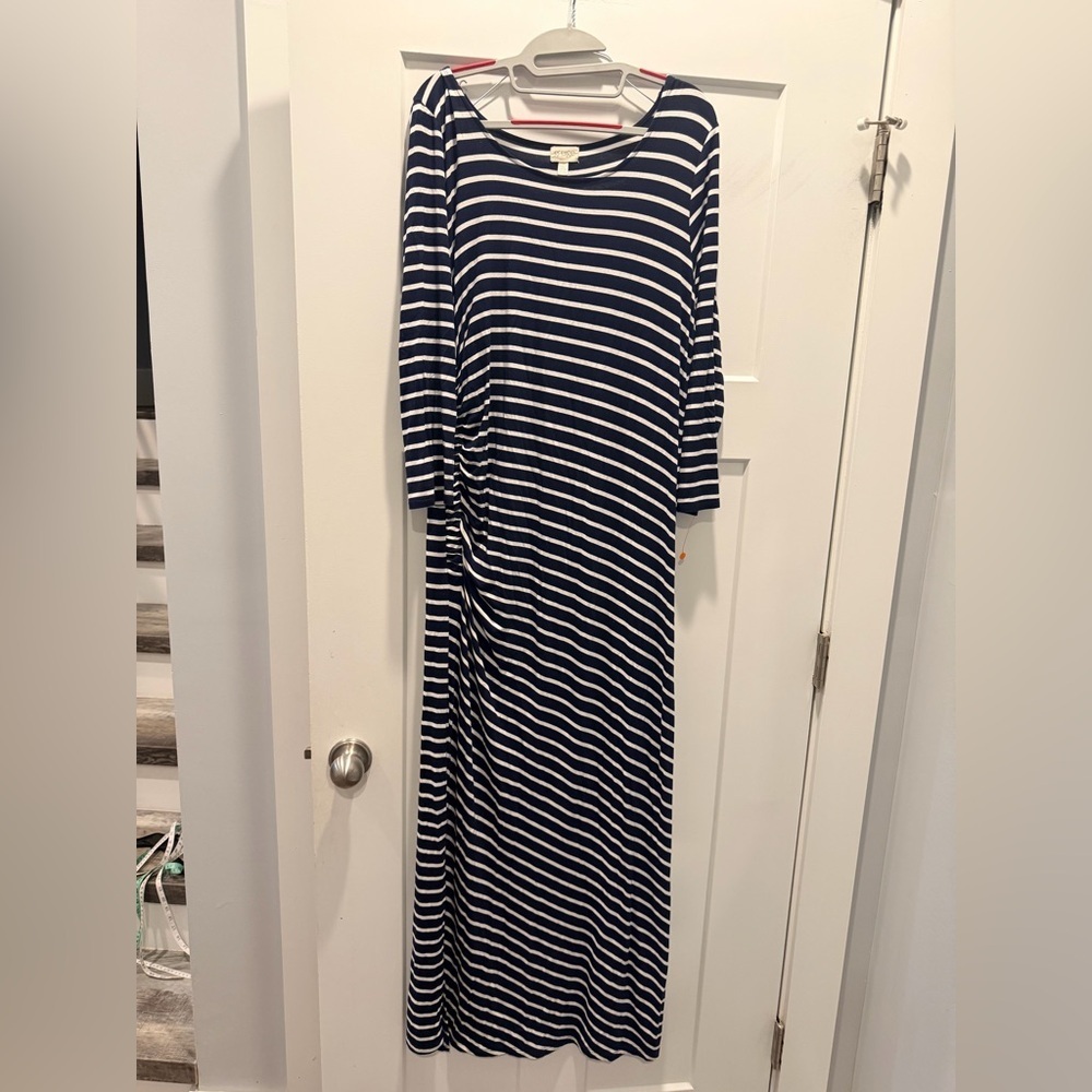 Greige Navy White Striped Maxi Dress Ruched Side Size L